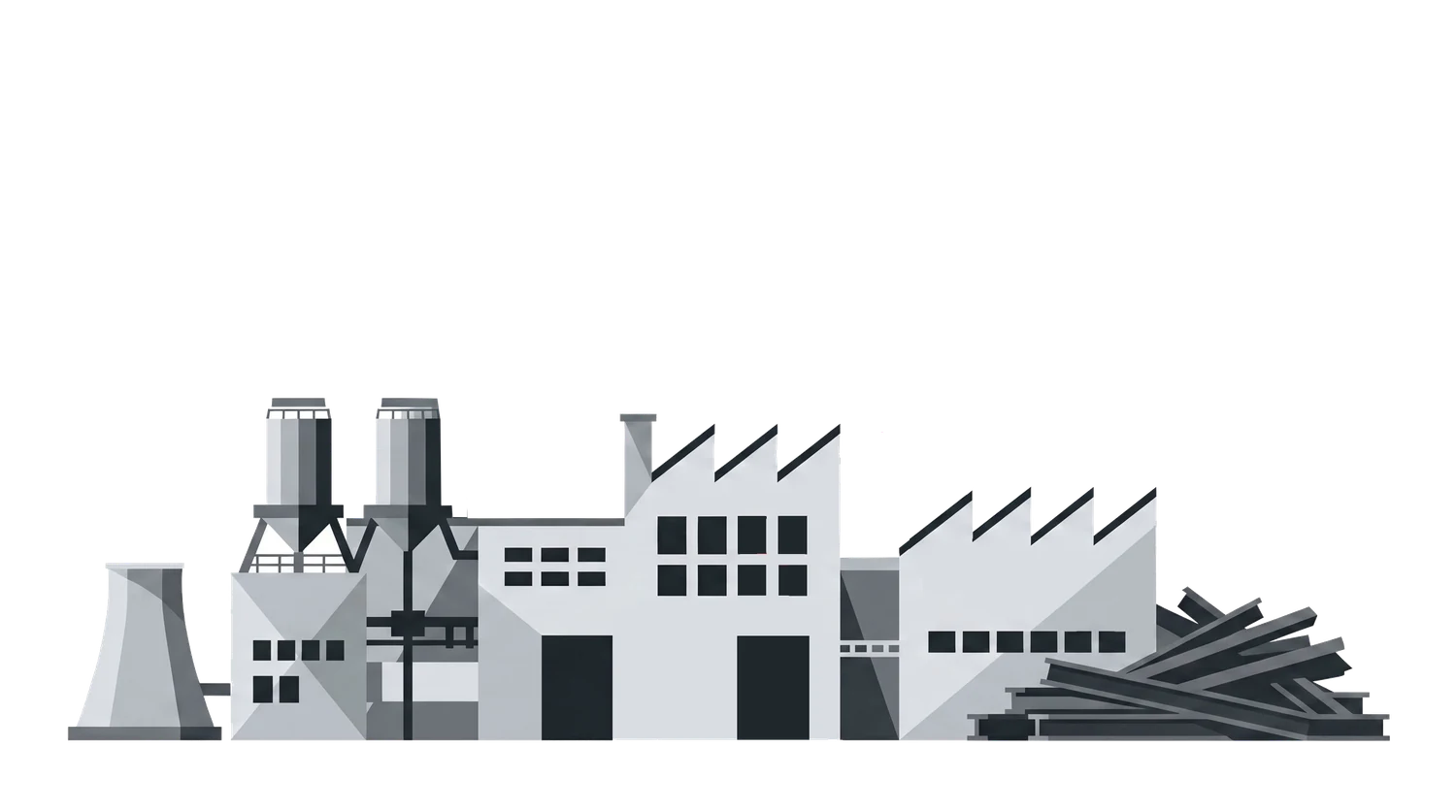 Illustration einer Industrieanlage mit Hallen, Silos und Kühlturm, daneben Stahlträger aus dem Rückbau